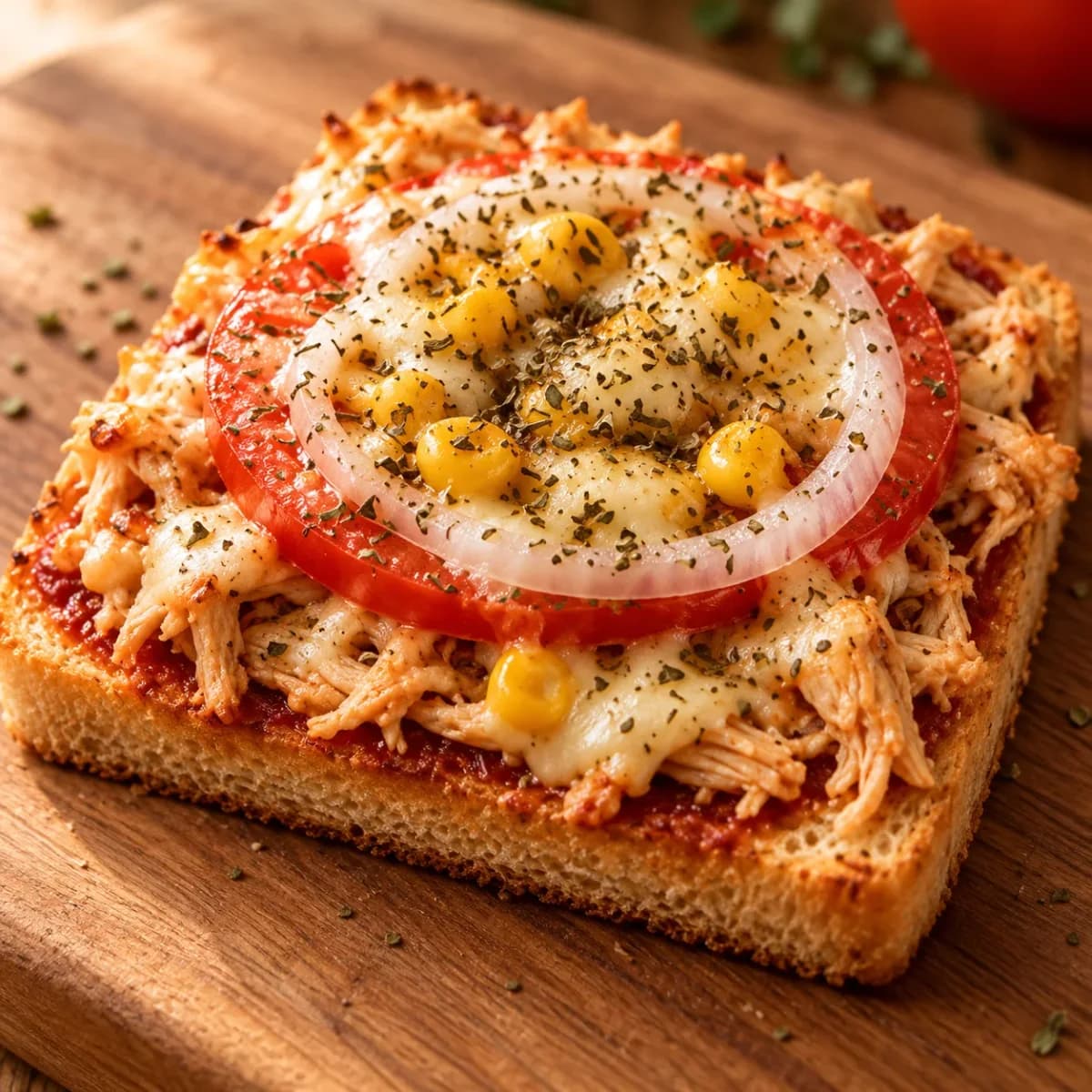 Uma unidade de pizza de pão assada, com queijo derretido, tomate, cebola e milho