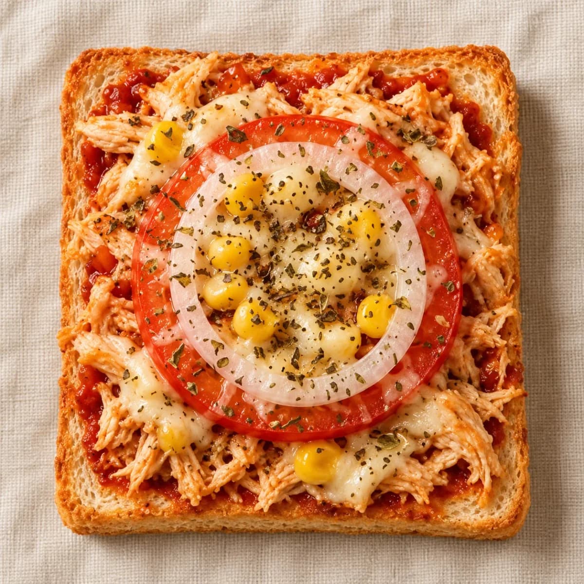 A pizza de pão completa, com cebola e milho